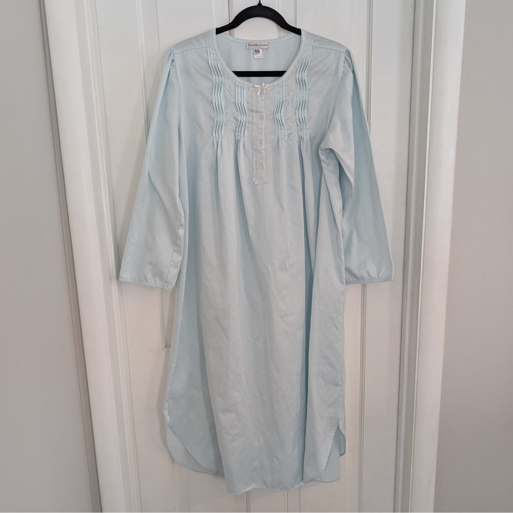 Vintage Miss Elaine Embroidered Midi Nightgown MEDIUM Flannel Lined Modest Satin